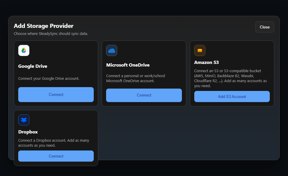 The Add Storage Provider dialog, showing Google Drive, Microsoft OneDrive, Amazon S3, and Dropbox as connection options.