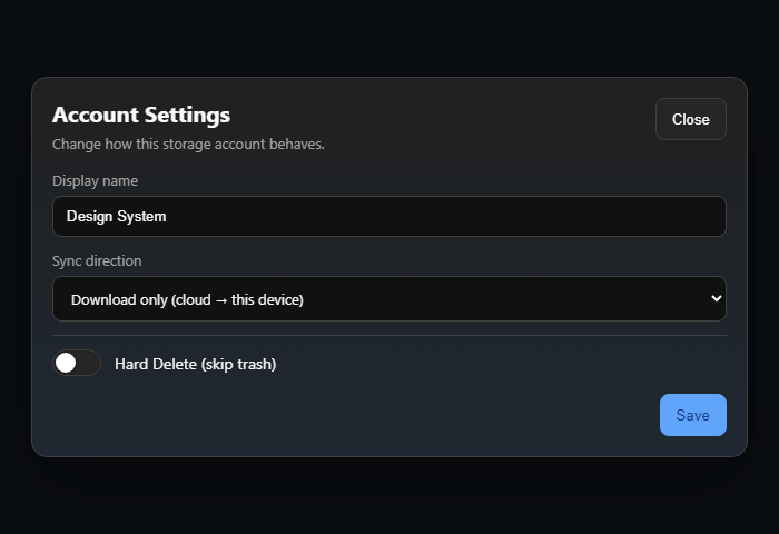The Account Settings dialog, showing a display name, a sync direction dropdown, and a hard delete toggle.